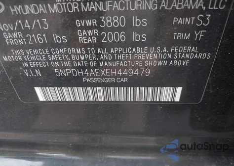 2014 Hyundai Elantra Se from USA, damaged, VIN 5NPDH4AEXEH449479